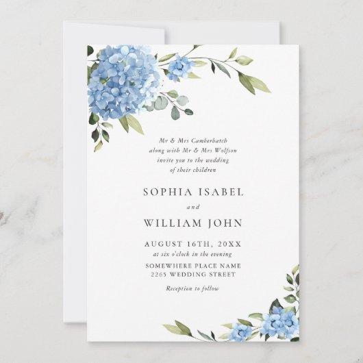 Invitation Élégant Mariage Floral Hydrangea Bleu Tout en un (Devant)