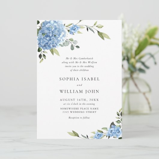 Invitation Élégant Mariage Floral Hydrangea Bleu Tout en un (Debout devant)