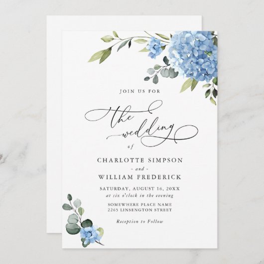 Invitation Élégant Mariage Floral Hydrangea Bleu Tout en un (Devant / Derrière)