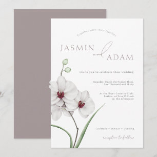 Invitation Élégant Mariage Floral Initiales Orchidée Grise Bl