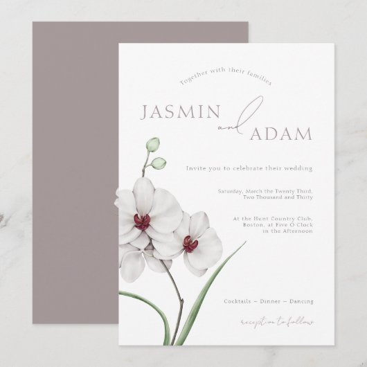 Invitation Élégant Mariage Floral Initiales Orchidée Grise Bl (Devant / Derrière)
