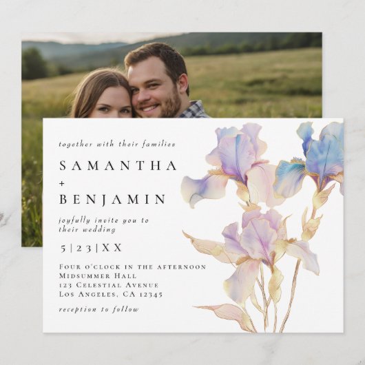 Invitation Elégant Mariage Floral Iris (Devant / Derrière)