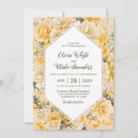 Invitation Élégant Mariage Floral Jaune (Devant)