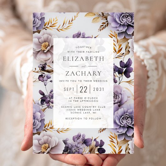 Invitation Élégant Mariage Floral Lilac Purple Or