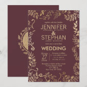 Invitation Élégant Mariage floral marsala rouge de Bourgogne (Devant / Derrière)