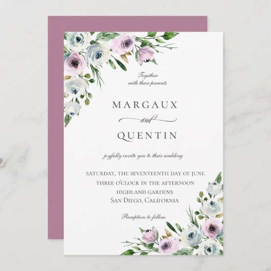 Invitation Élégant Mariage floral Mauve (Devant / Derrière)