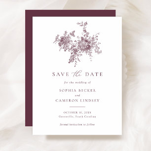 Invitation Élégant mariage floral merlot Enregistrer la date