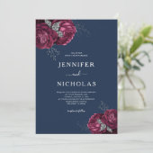Invitation Élégant Mariage Floral Navy Blue Burgundy Peonies (Debout devant)