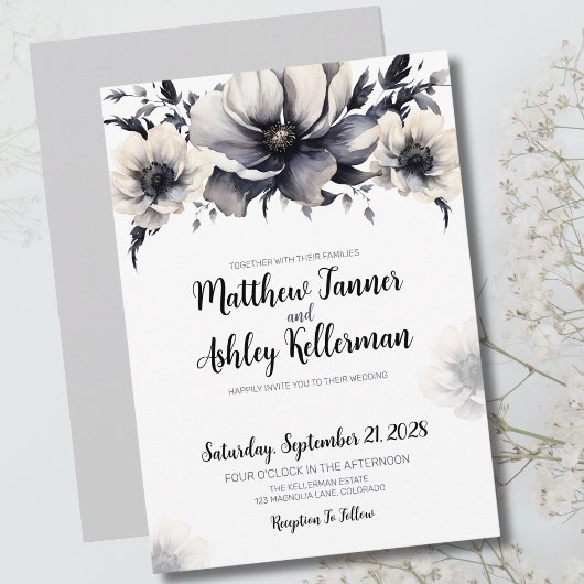 Invitation Elégant Mariage Floral noir blanc tendance