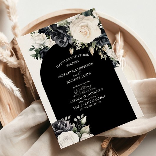 Invitation Élégant Mariage floral noir et blanc