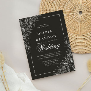 Invitation Élégant Mariage floral noir et blanc