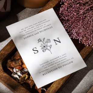 Invitation Élégant Mariage floral noir et blanc   Minimaliste