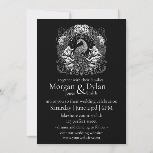 Invitation Élégant Mariage floral noir et blanc Peacock (Devant)