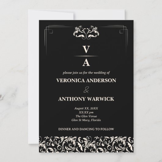 Invitation Élégant Mariage floral noir et blanc victorien (Devant)