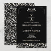 Invitation Élégant Mariage floral noir et blanc victorien (Devant / Derrière)