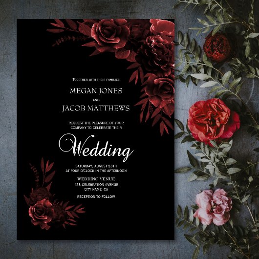 Invitation Élégant Mariage floral noir et cuivre