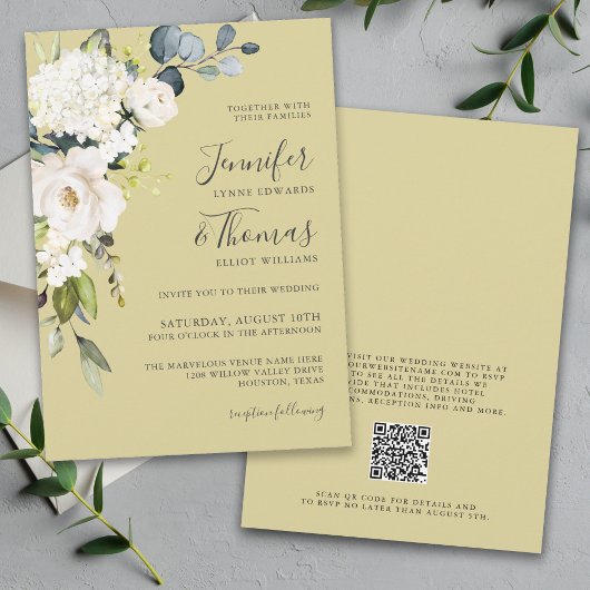 Invitation Élégant Mariage floral or blanc avec code QR