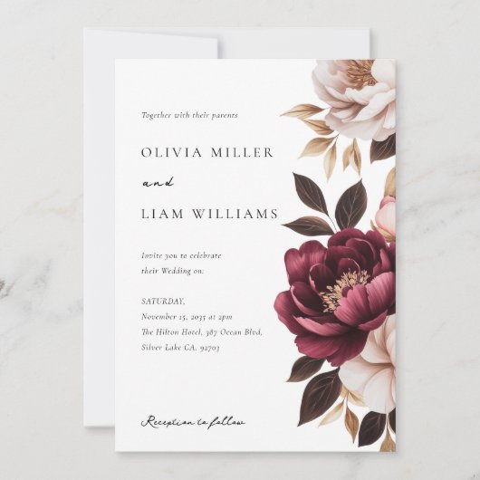 Invitation Élégant Mariage floral or de Bourgogne (Devant)