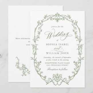 Invitation Élégant Mariage Floral Orné Victorien Vert Sage