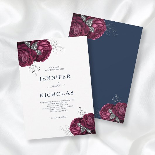 Invitation Elégant Mariage Floral Peonies Marine Bleu Bourgog