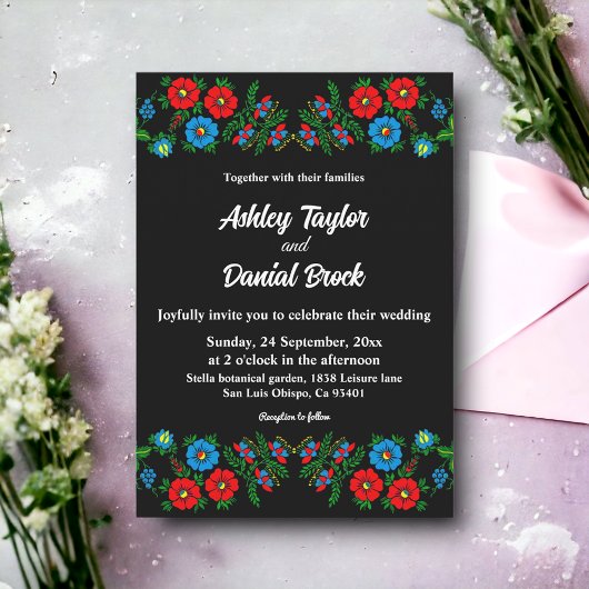 Invitation Élégant Mariage floral romantique noir et blanc