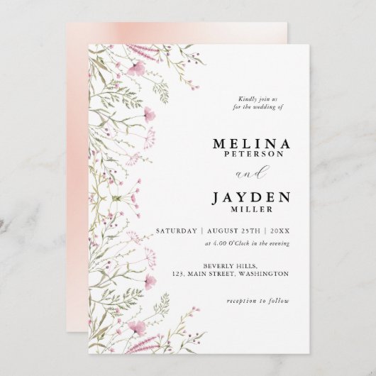 Invitation Élégant Mariage floral rose (Devant / Derrière)