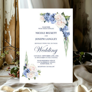 Invitation Élégant Mariage Floral Rose Blanc Bleu