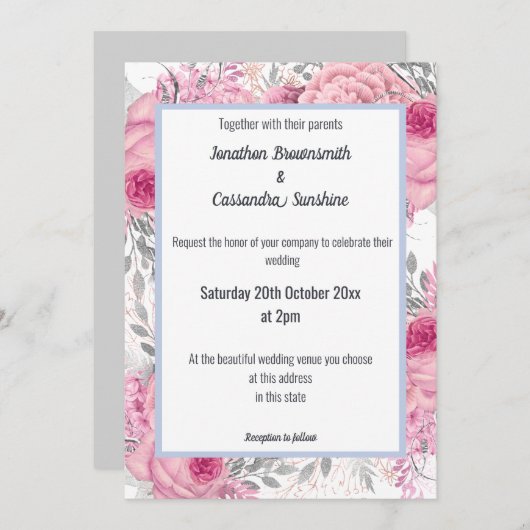 INVITATION ÉLÉGANT MARIAGE FLORAL ROSE BLEU BLANC (Devant / Derrière)