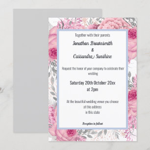 INVITATION ÉLÉGANT MARIAGE FLORAL ROSE BLEU BLANC