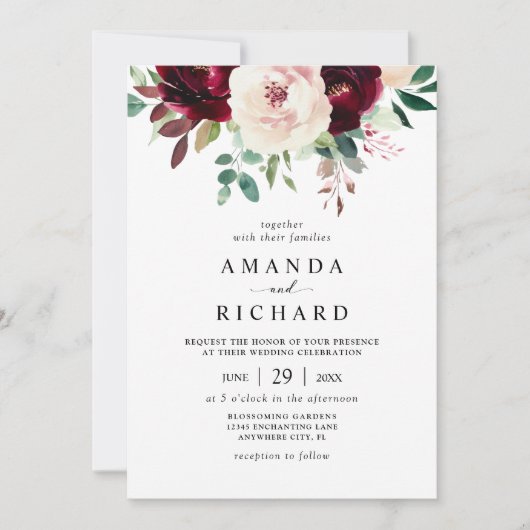 Invitation Élégant Mariage floral rose-bleu bordeaux (Devant)