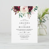 Invitation Élégant Mariage floral rose-bleu bordeaux (Debout devant)