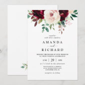 Invitation Élégant Mariage floral rose-bleu bordeaux (Devant / Derrière)