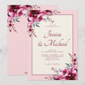 Invitation Élégant Mariage floral rose bordeaux (Devant / Derrière)