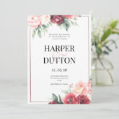 Invitation Elégant mariage floral rose bordeaux (Debout devant)