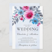 Invitation Elégant Mariage Floral Rose Et Bleu (Devant / Derrière)