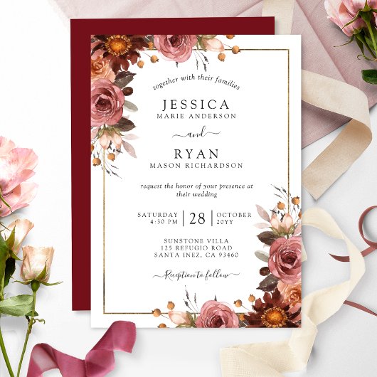 Invitation Élégant Mariage floral rose et bordeaux