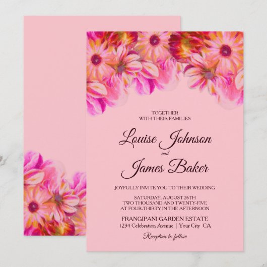 Invitation Élégant Mariage floral rose et jaune (Devant / Derrière)