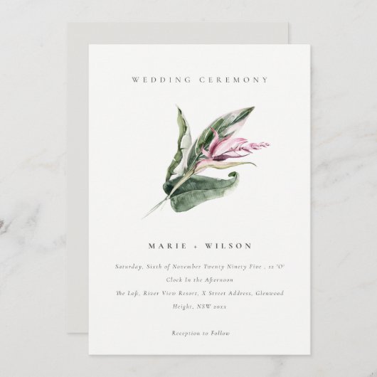 Invitation Élégant Mariage floral rose feuillu vert minimal (Devant / Derrière)