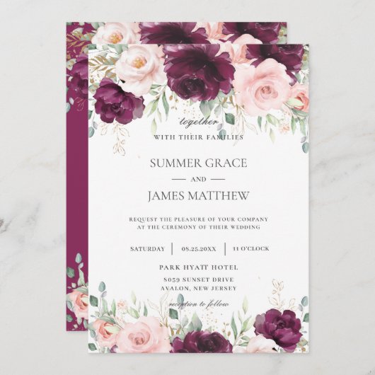 Invitation Élégant Mariage floral rose pâle à framboise foncé (Devant / Derrière)