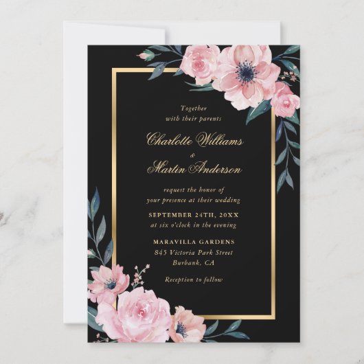 Invitation Élégant Mariage floral rose rose noir or (Devant)