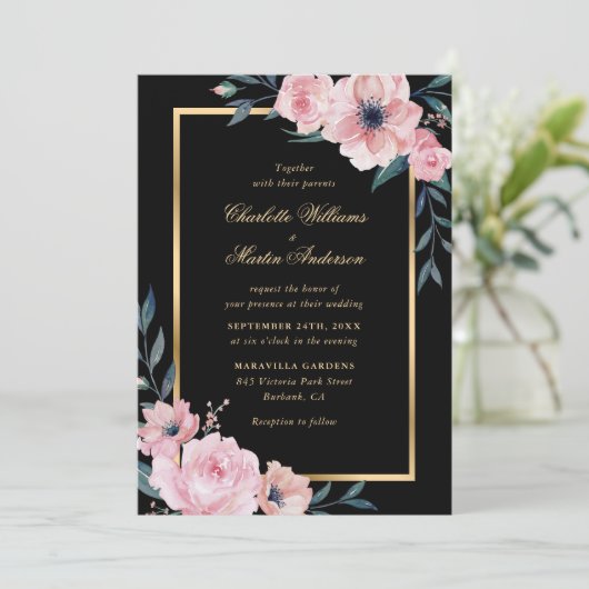Invitation Élégant Mariage floral rose rose noir or (Debout devant)