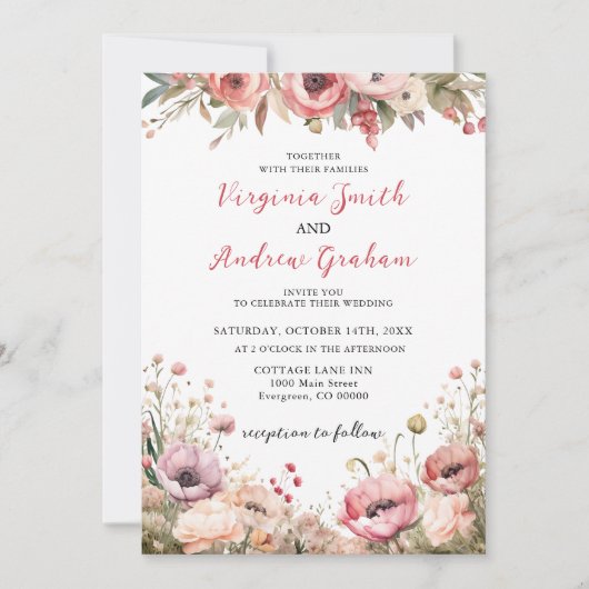 Invitation Élégant Mariage Floral Rose Rose Rose Dusty modern (Devant)