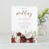 Invitation Elégant Mariage floral rouge & blanc Bourgogne Inv (Debout devant)