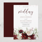 Invitation Elégant Mariage floral rouge & blanc Bourgogne Inv (Devant / Derrière)