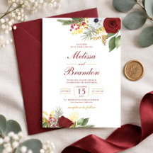 Élégant mariage floral rouge burgundy et or script