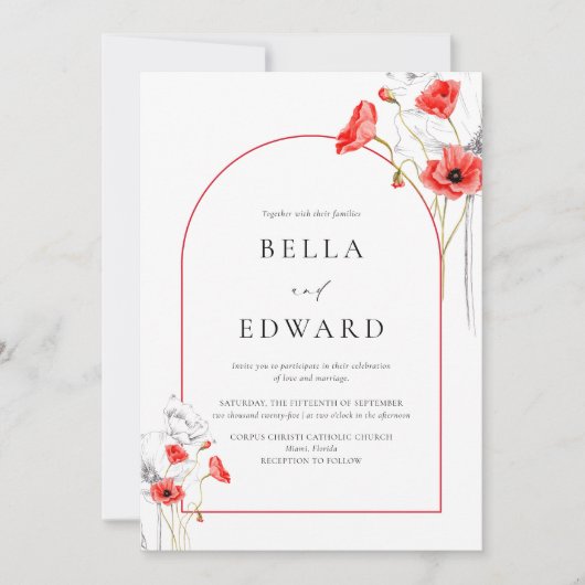 Invitation Elégant Mariage floral rouge pavot (Devant)