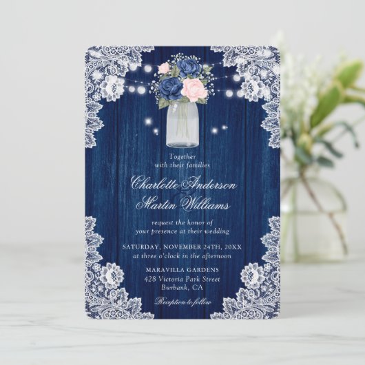 Invitation Elégant Mariage floral rustique bleu marine (Debout devant)