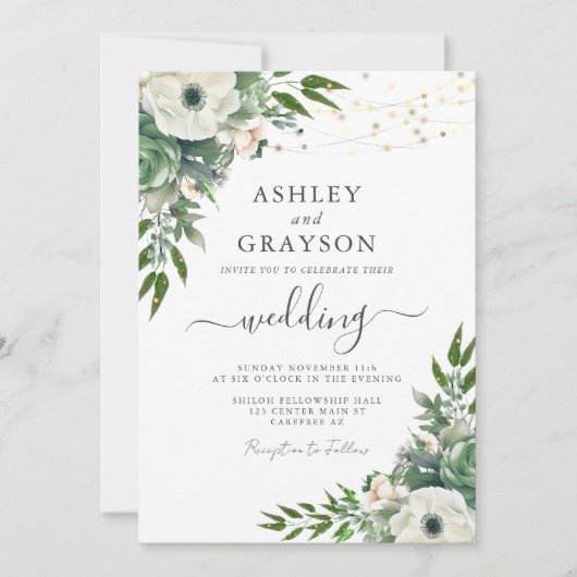 Invitation Élégant Mariage Floral Sage Vert (Devant)