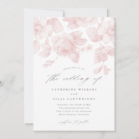 Invitation Élégant Mariage Floral Script rose (Devant)
