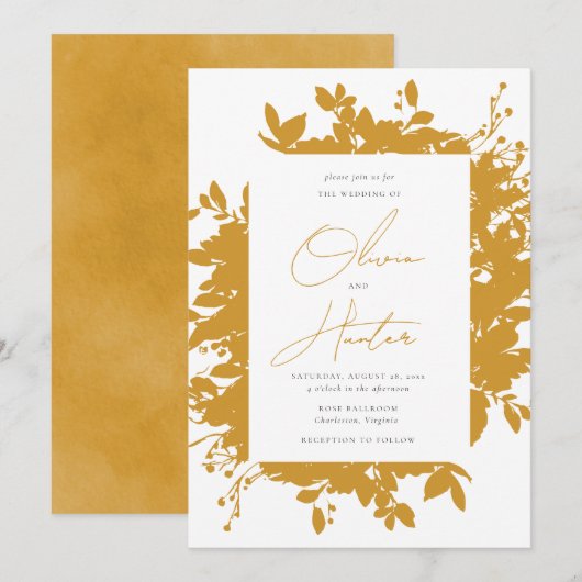 Invitation Élégant Mariage floral silhouette moutarde jaune (Devant / Derrière)